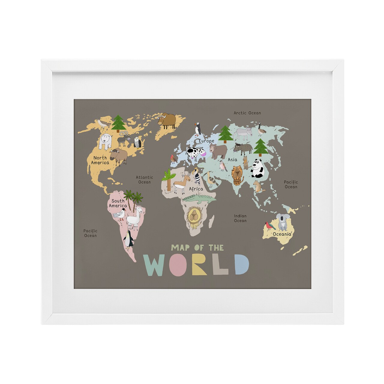 Stupell Industries Kid's Map Of World Brown Framed Print Under Glass, design by Carla Daly
